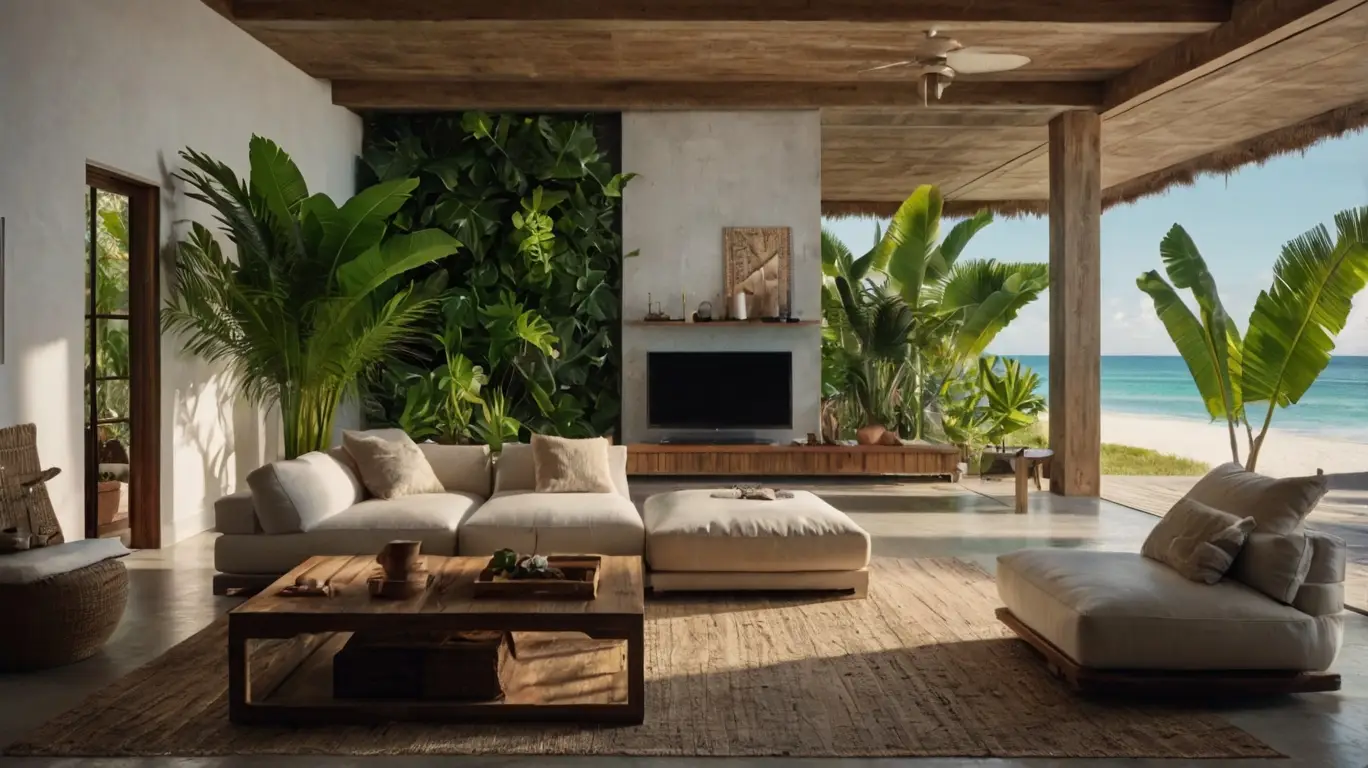 Leonardo_Kino_XL_Modern_Caribbean_home_interior_with_plants_an_0